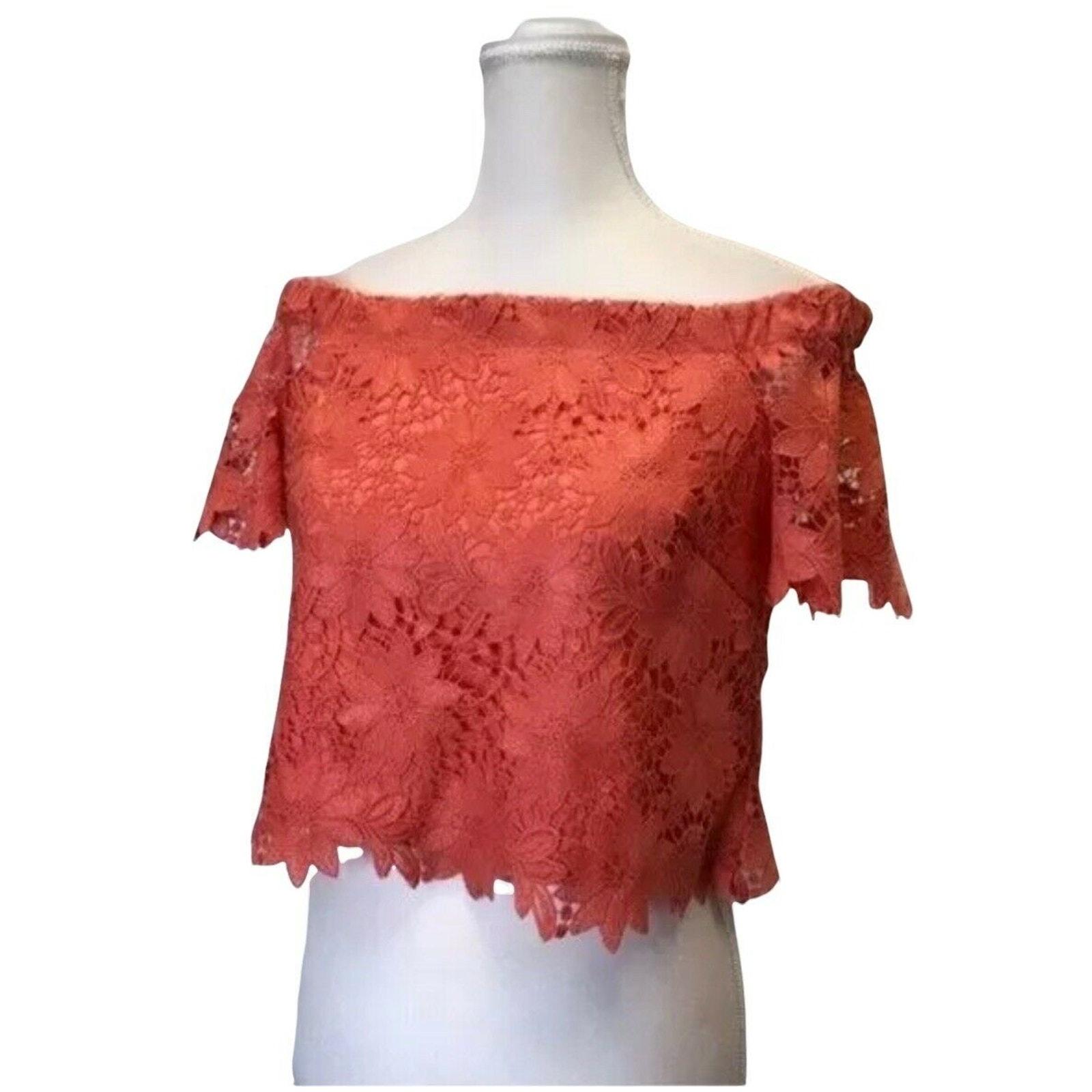 White House Black Market Off-The-Shoulder Lace Crop Blouse Orange Short Sleeve